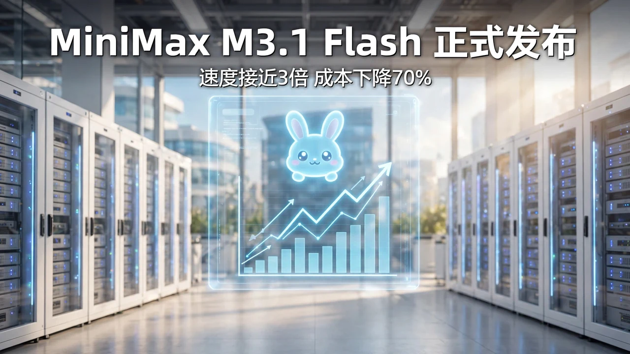 MiniMax M3.1 Flash launch cover: a glowing rabbit hologram with rising charts in a bright data center