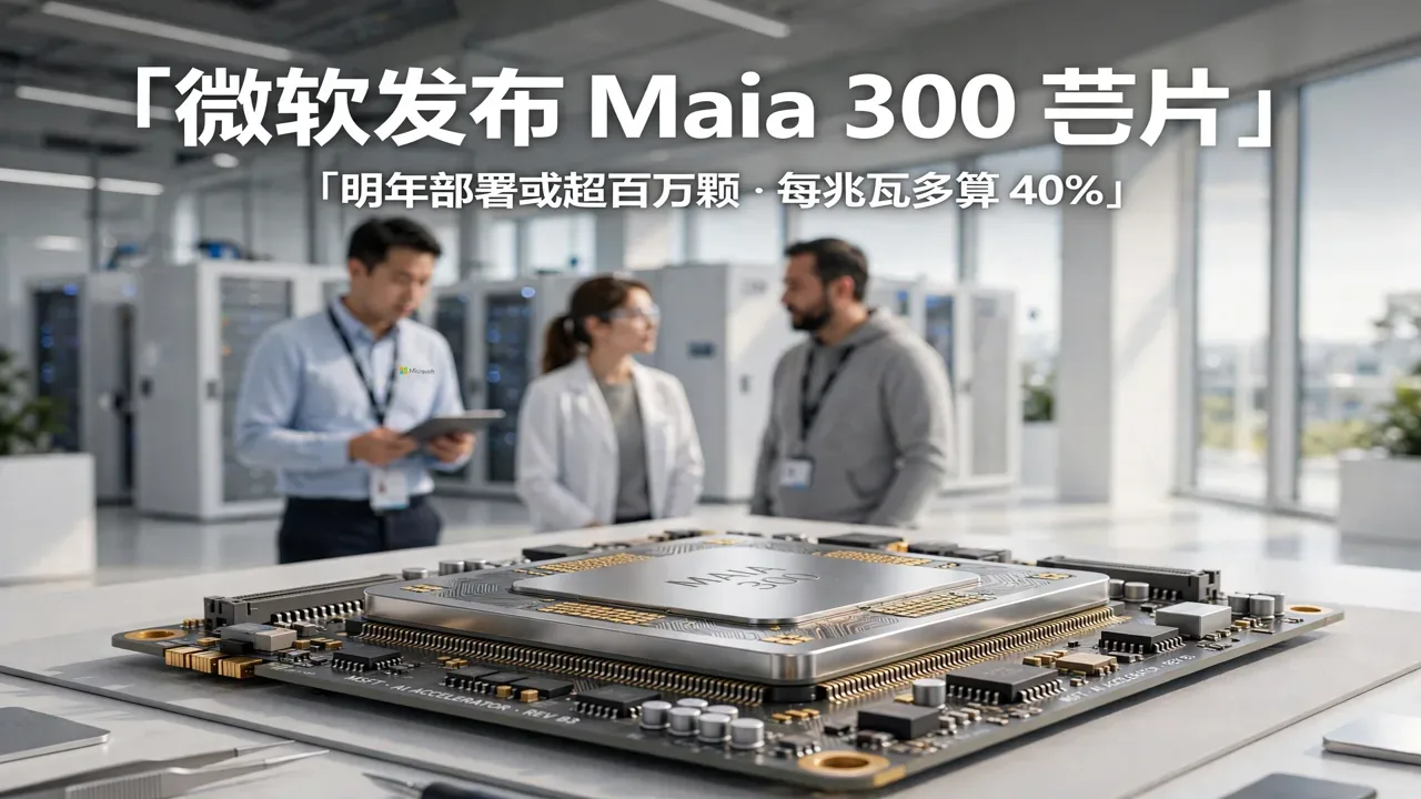 一颗 Maia 300 芯片放在明亮的实验室工作台上，工程师在背景中讨论