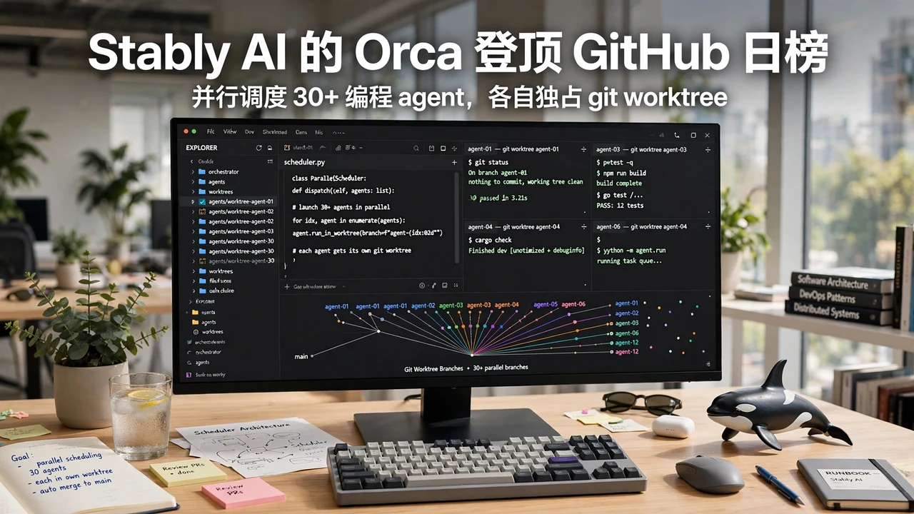 Orca 多 agent 并行调度界面的明亮示意图(AI 生成图)