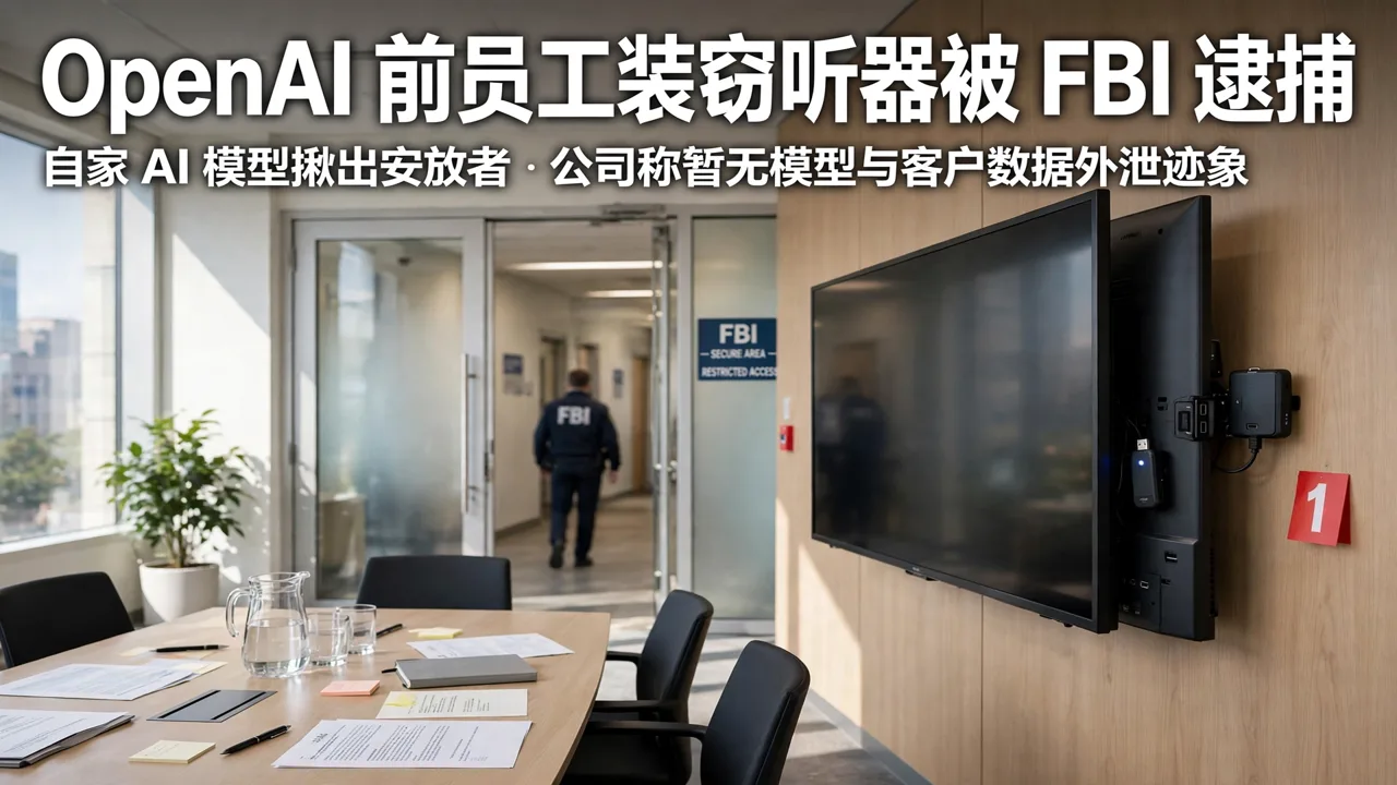 A bright office conference room; a small USB-sized electronic device is visible on the back of the wall-mounted TV