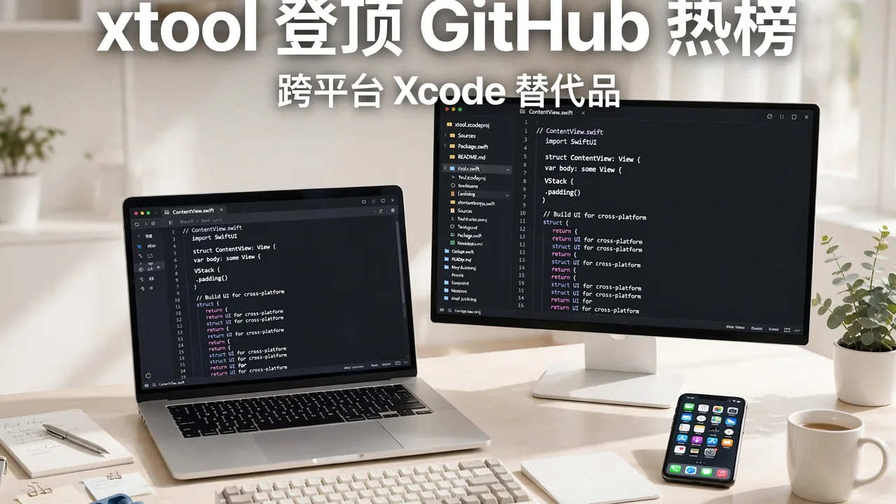 明亮写实的开发者工作台场景：笔记本电脑显示代码、旁边放着 iPhone，叠加白色中文标题