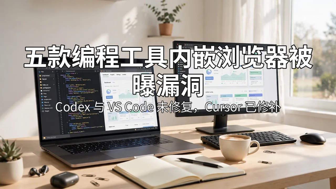 阳光明亮的工作台上，笔记本电脑与显示器显示代码编辑器与浏览器预览界面
