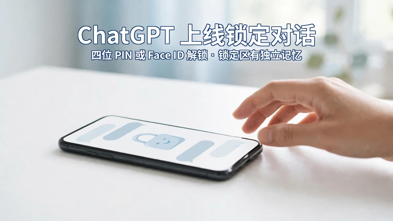 A phone on a bright desk showing a chat interface with a padlock icon, a hand beside it