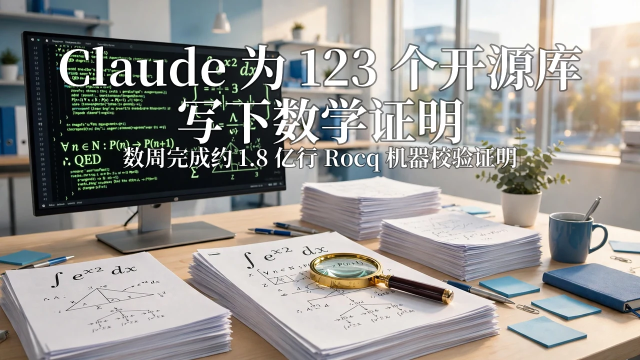 Bright software engineering desk: monitor showing green code and mathematical proof symbols, stacks of proof documents