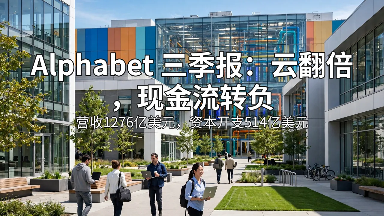阳光明亮的科技园区与玻璃数据中心大楼，员工在户外行走