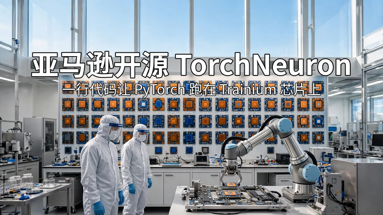 阳光明媚的芯片实验室里，橙蓝色 AI 加速器芯片阵列与机械臂的明亮插画