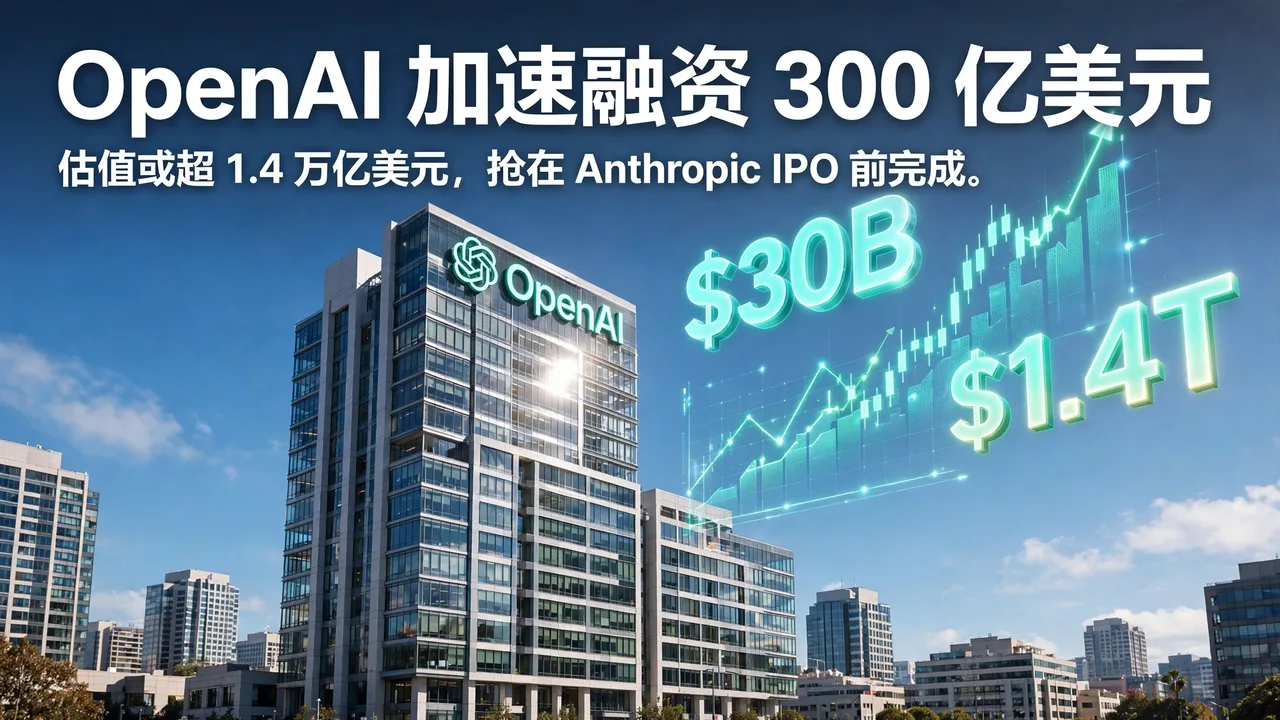 OpenAI office tower with $30B and $1.4T figures and a rising chart