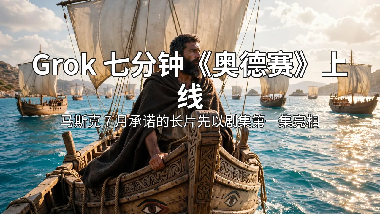 阳光下古希腊帆船队航行在蓝色海面,蓄须男子站在船头