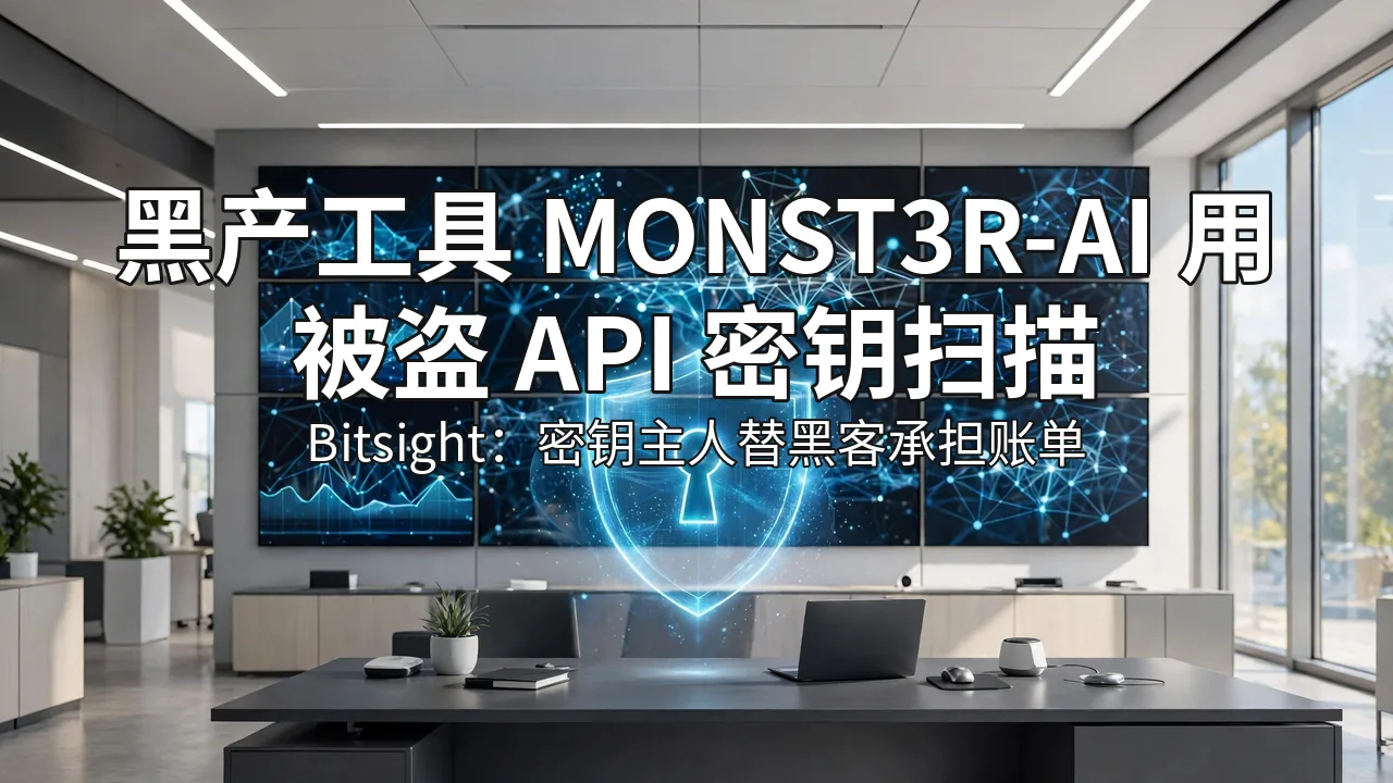 明亮的网络安全作战中心，大屏显示网络图，中央悬浮带钥匙孔的护盾徽章，压字标题黑产工具 MONST3R-AI 用被盗 API 密钥扫描