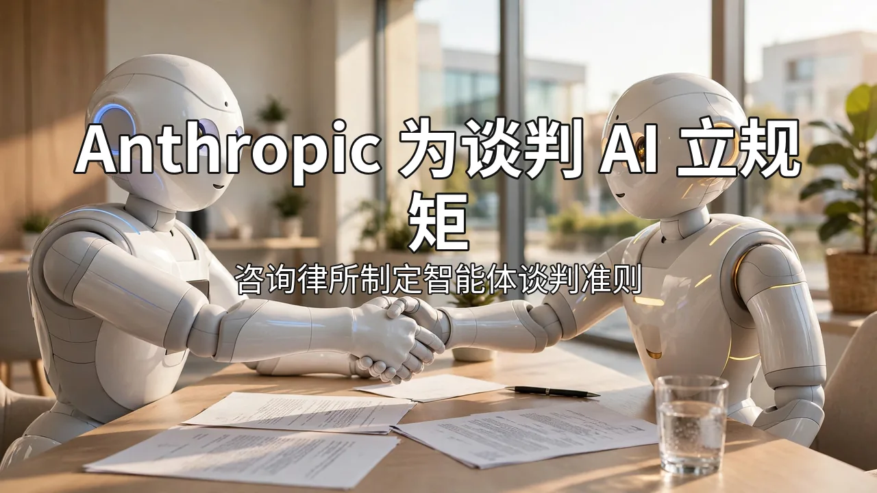 Two robots shaking hands across a conference table in a sunlit office, with contract documents on the table