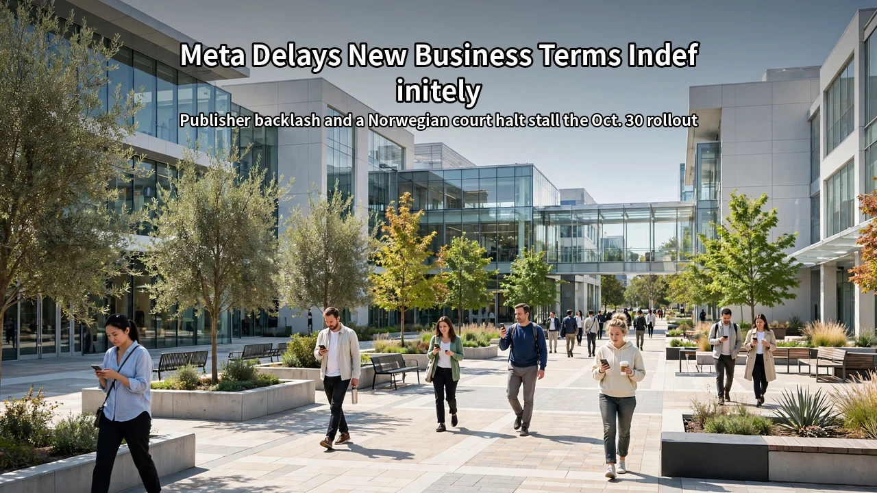 A sunny modern tech campus where people walk while looking at their phones