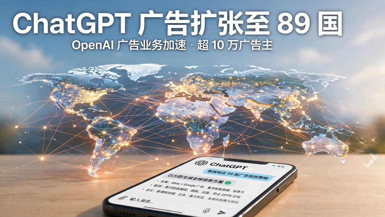 全球地图与手机上的 ChatGPT 界面,示意 ChatGPT 广告覆盖 89 国