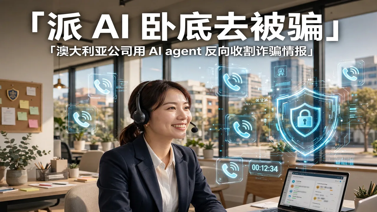 A bright office scene with headset support and call icons, headline '派 AI 卧底去被骗'