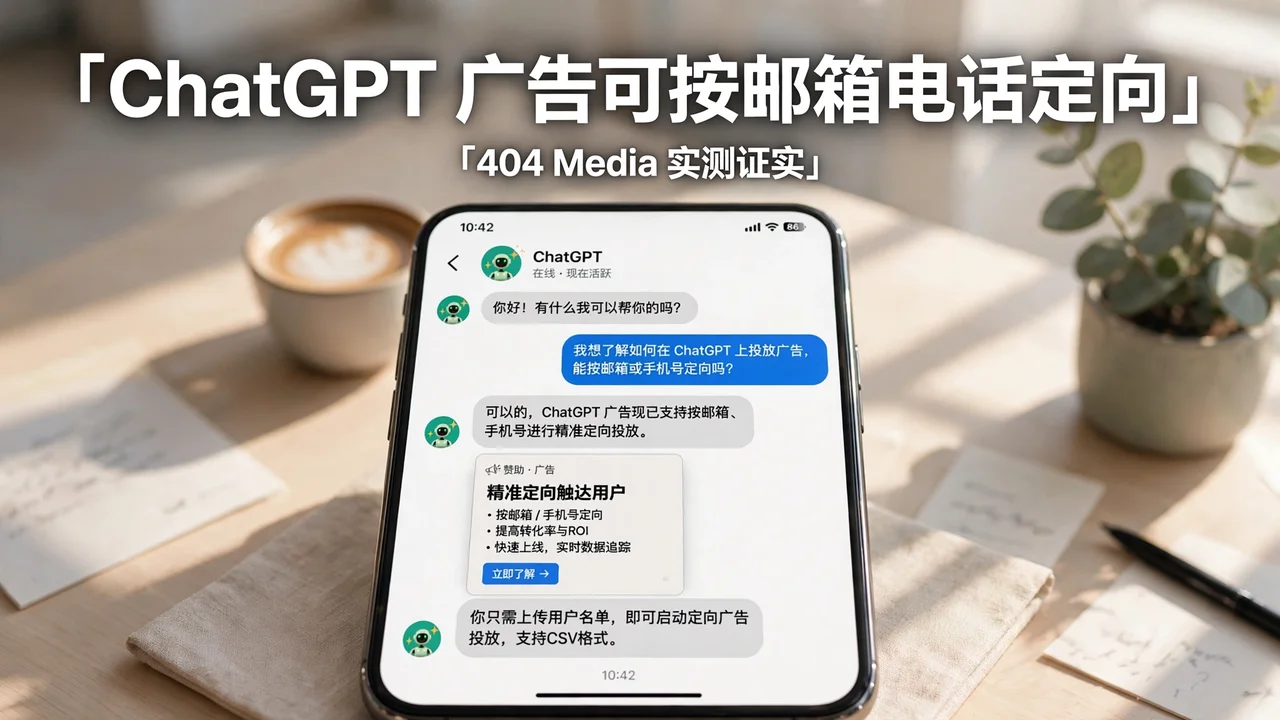 ChatGPT 广告定向封面：手机聊天界面中的广告卡片
