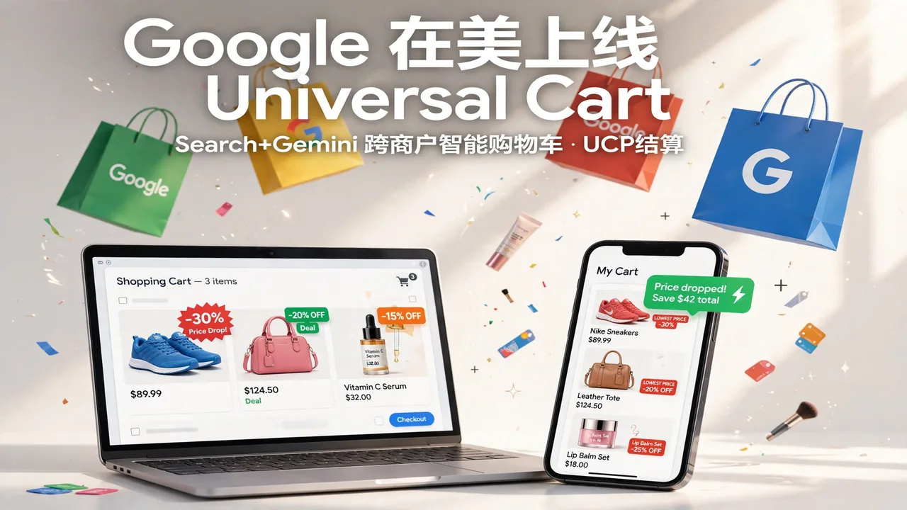 明亮的购物场景：笔记本电脑和手机显示装满不同零售商商品的购物车，降价徽章弹出，购物袋漂浮