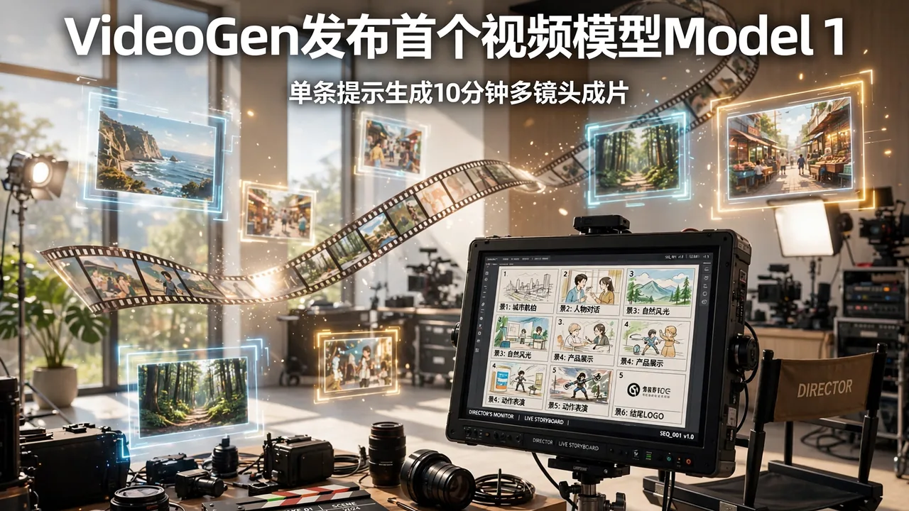 阳光明媚的电影制片厂里，漂浮的视频画面与胶片在空中蜿蜒的明亮插画