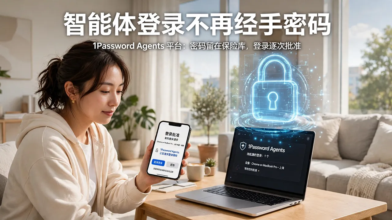 明亮客厅里一人手持显示登录批准界面的手机，笔记本电脑上方有数字锁 hologram