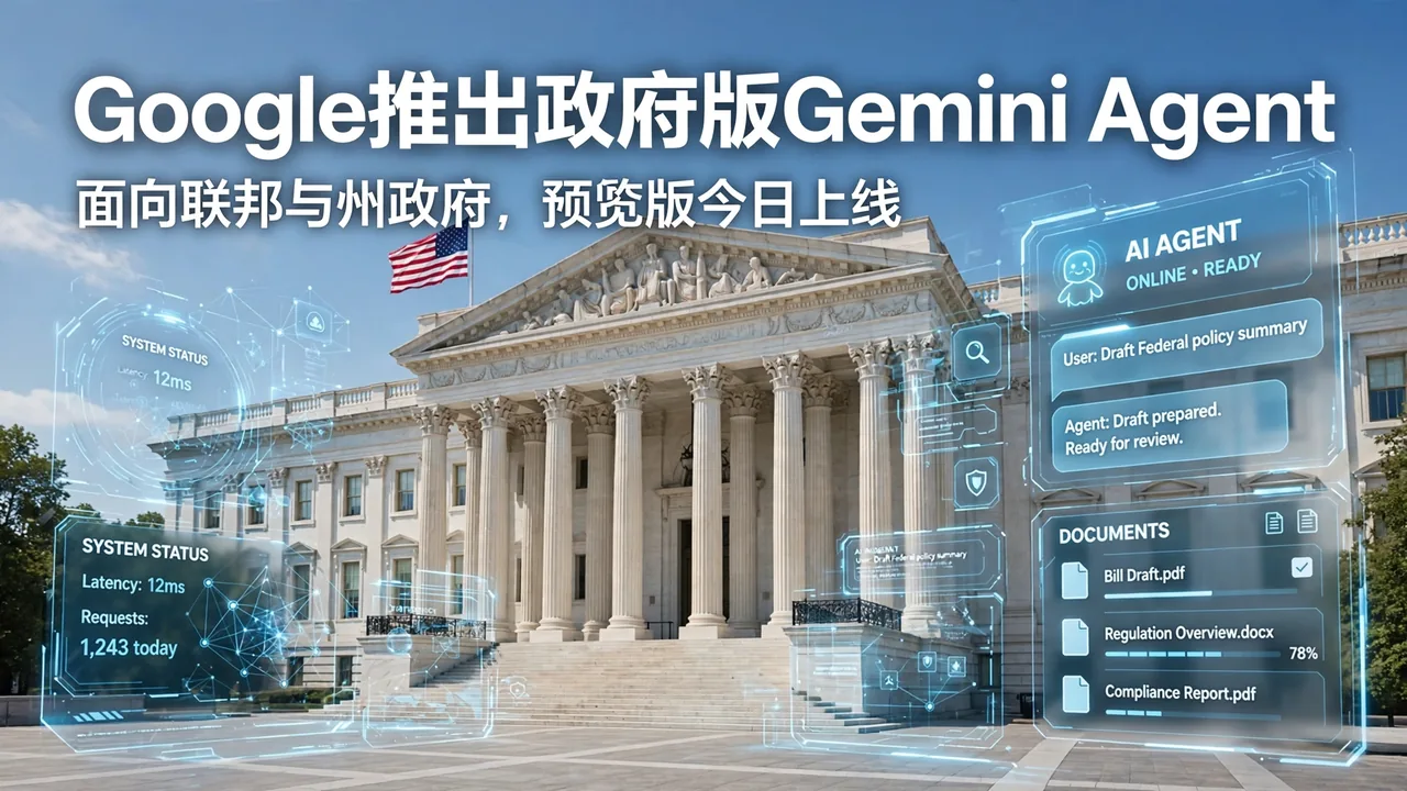 Bright illustration of AI agent interface panels floating before a U.S. government building in daylight