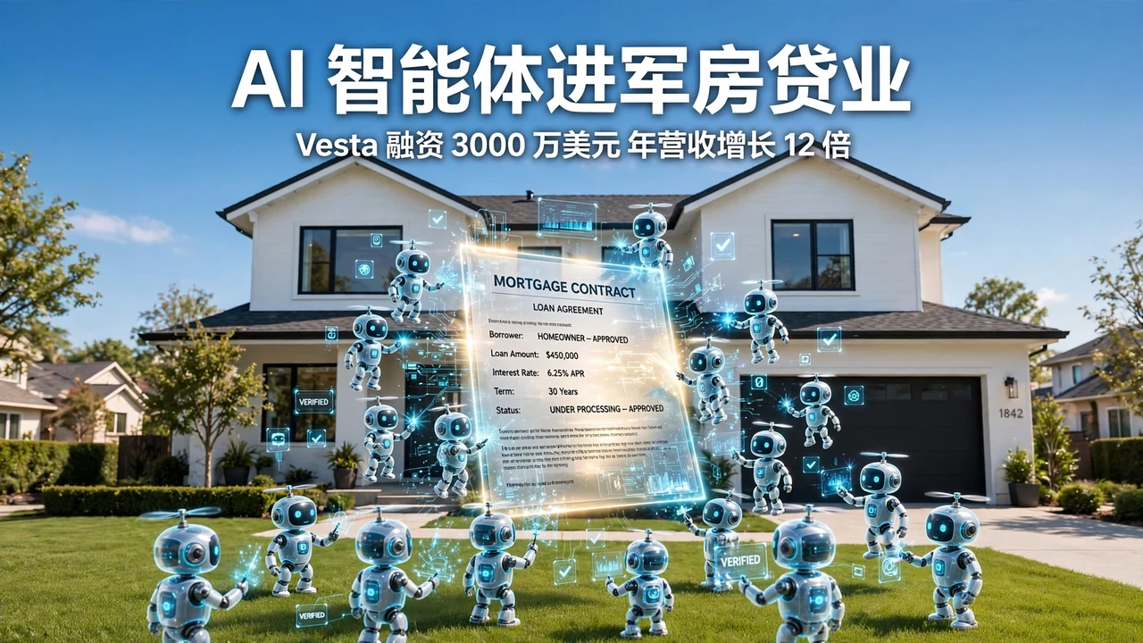 阳光下的美式住宅前,一群 AI 机器人环绕着发光的房贷合同