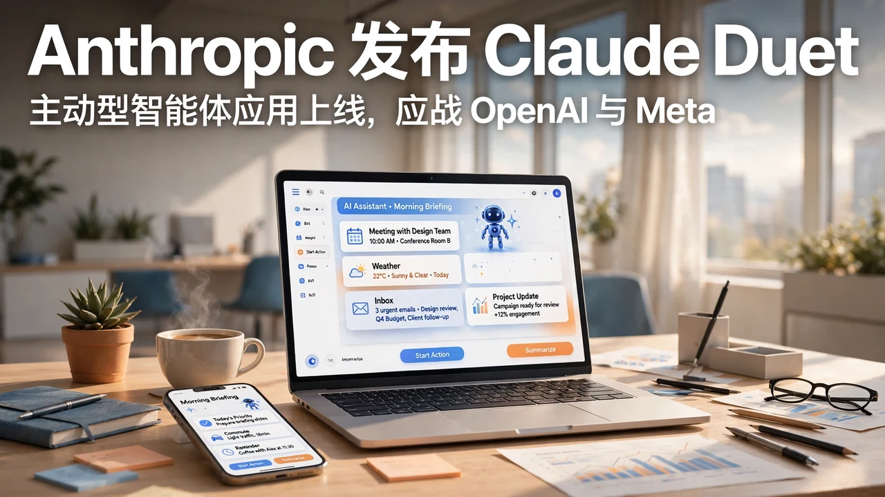 明亮的晨间办公场景：笔记本与手机显示主动型 AI 助手的晨间简报界面示意图