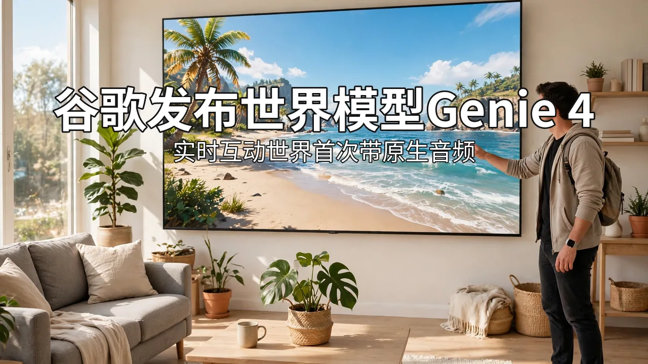 明亮客厅里男子站在大屏幕前，屏幕中是阳光海滩模拟世界