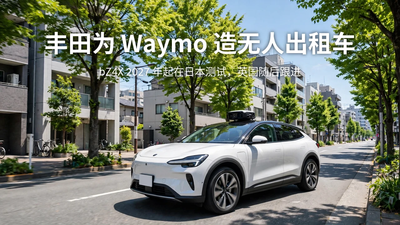 阳光明媚的日本城市街道上，一辆白色电动 SUV 车顶装有传感器